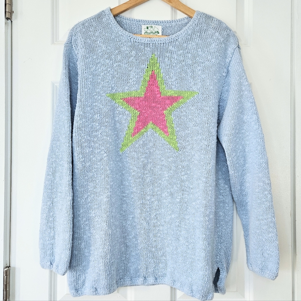 The Quacker Factory Cotton Blend Knit Chunky Star Sweater Light Blue L